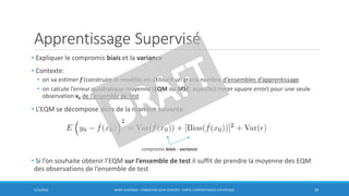 Apprentissage Supervisé
• Expliquer le compromis biais et la variance
• Contexte:
• on va estimer f (construire le modèle) en utilisant un grand nombre d’ensembles d’apprentissage
• on calcule l’erreur quadratique moyenne (EQM ou MSE: expected mean square error) pour une seule
observation x0 de l’ensemble de test
• L’EQM se décompose alors de la manière suivante:
• Si l’on souhaite obtenir l’EQM sur l’ensemble de test il suffit de prendre la moyenne des EQM
des observations de l’ensemble de test
5/10/2016 BORIS GUARISMA - FORMATION DATA SCIENTIST - PARTIE 3 APPRENTISSAGE STATISTIQUE 39
compromis biais - variance
 