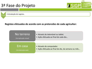 3ª Fase do Projeto
3ª Fase
•Introdução de registos.
Registos efetuados de acordo com as pretensões de cada agricultor:
• Através do telemóvel ou tablet.
• Ação efetuada ao final de cada dia…
No terreno
(Via Aplicação móvel)
• Através do computador.
• Ação efetuada ao final do dia, da semana ou mês...
Em casa
(Via Aplicação web)
 