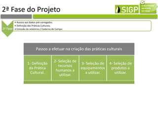 2ª Fase do Projeto
Passos a efetuar na criação das práticas culturais
1- Definição
da Prática
Cultural.
2- Seleção de
recursos
humanos a
utilizar.
3- Seleção de
equipamentos
a utilizar.
4- Seleção de
produtos a
utilizar.
2ª Fase
• Acesso aos dados pré-carregados.
• Definição das Práticas Culturais.
• Emissão de relatórios / Caderno de Campo.
 