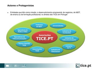 Actores e Protagonistas
 Entidades que têm como missão, o desenvolvimento empresarial, de negócios, de I&DT,
de ensino ou de formação profissional, no âmbito das TICE em Portugal
Associações
TICE.PT
Operadores de
Aúdio e Video
Operadores de
Telecomunicações
Outros Clientes
TICE
Associações
TICE
Indústria
de TI
Indústria de
Telecomunicações
Indústria de
Conteúdos
Universidades
Institutos
de I&DT
Indústria de
Electrónica
 