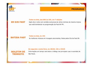 PROGRAMAS




              Todos os dias, das 06h às 24h, em 7 edições
89 DJS FAST   Agito dia e noite com versões exclusivas de vários remixes da mesma música
              que está bombando na programação da Fast 89 FM.




              Todos os dias, às 13h
BATIDA FAST   As melhores músicas em mixagens alucinantes, feitas pelos DJs da Fast 89.




              De segunda a sexta-feira, às 18h30, 19h e 19h25

BOLETIM DE    Informações em tempo real sobre o tráfego nas principais ruas e avenidas de

 TRÂNSITO     São Paulo.
 