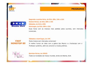 PROGRAMAS




             Segunda a quinta-feira, às 01h, 09h, 14h e 21h
             Sextas-feiras, às 01h, 09h e 14h
             Sábados, às 01h e 09h
             Domingos, às 01h, 09h e 21h
             Duas horas com as músicas mais pedidas pelos ouvintes, sem intervalos
             comerciais.




             Sábados e domingos, às 14h
   FAST      Muita música sem intervalos comerciais!
NONSTOP 89   O melhor humor do rádio com a galera dos Manos e o horóscopo com o
             Professor Landinho, além de concorrer a muitos prêmios.




             Quintas-feiras, às 23h55
             Todas as novidades da música mundial, direto de Atlanta, EUA.
 