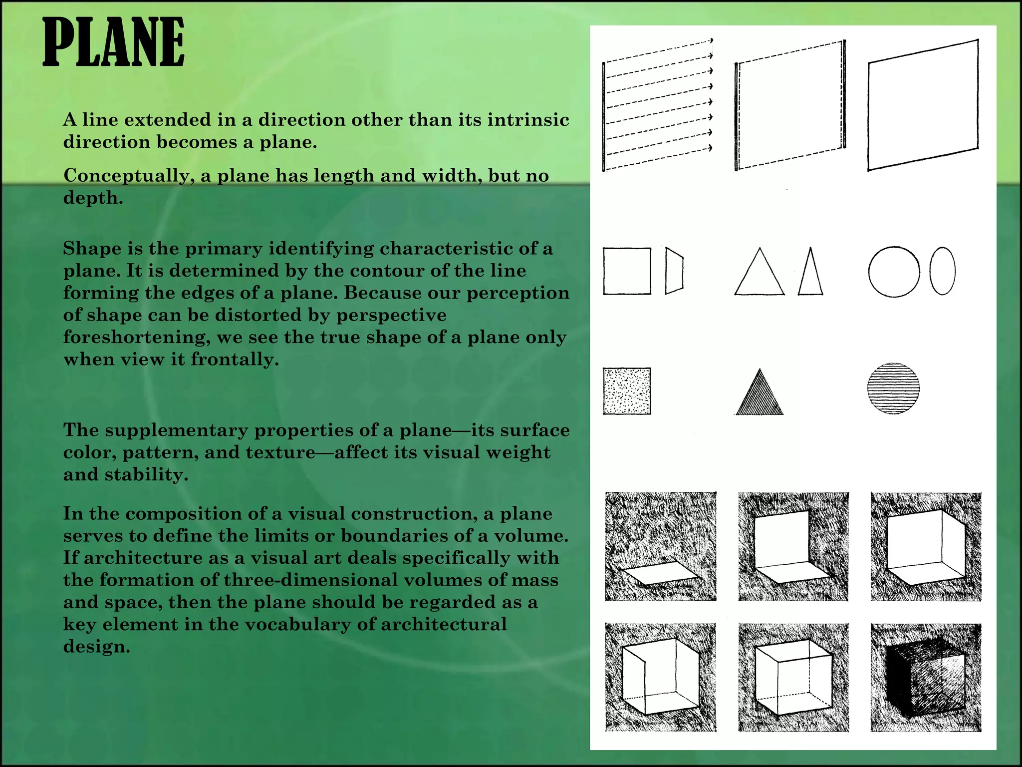 PLANE
A line extended in a direction other than its intrinsic
direction becomes a plane.
Conceptually, a plane has length and width, but no
depth.
Shape is the primary identifying characteristic of a
plane. It is determined by the contour of the line
forming the edges of a plane. Because our perception
of shape can be distorted by perspective
foreshortening, we see the true shape of a plane only
when view it frontally.
The supplementary properties of a plane—its surface
color, pattern, and texture—affect its visual weight
and stability.
In the composition of a visual construction, a plane
serves to define the limits or boundaries of a volume.
If architecture as a visual art deals specifically with
the formation of three-dimensional volumes of mass
and space, then the plane should be regarded as a
key element in the vocabulary of architectural
design.
 