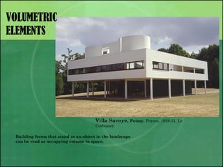 VOLUMETRIC
ELEMENTS
Villa Savoye, Poissy, France, 1928-31, Le
Corbusier.
Building forms that stand as an object in the landscape
can be read as occupying volume in space.
 