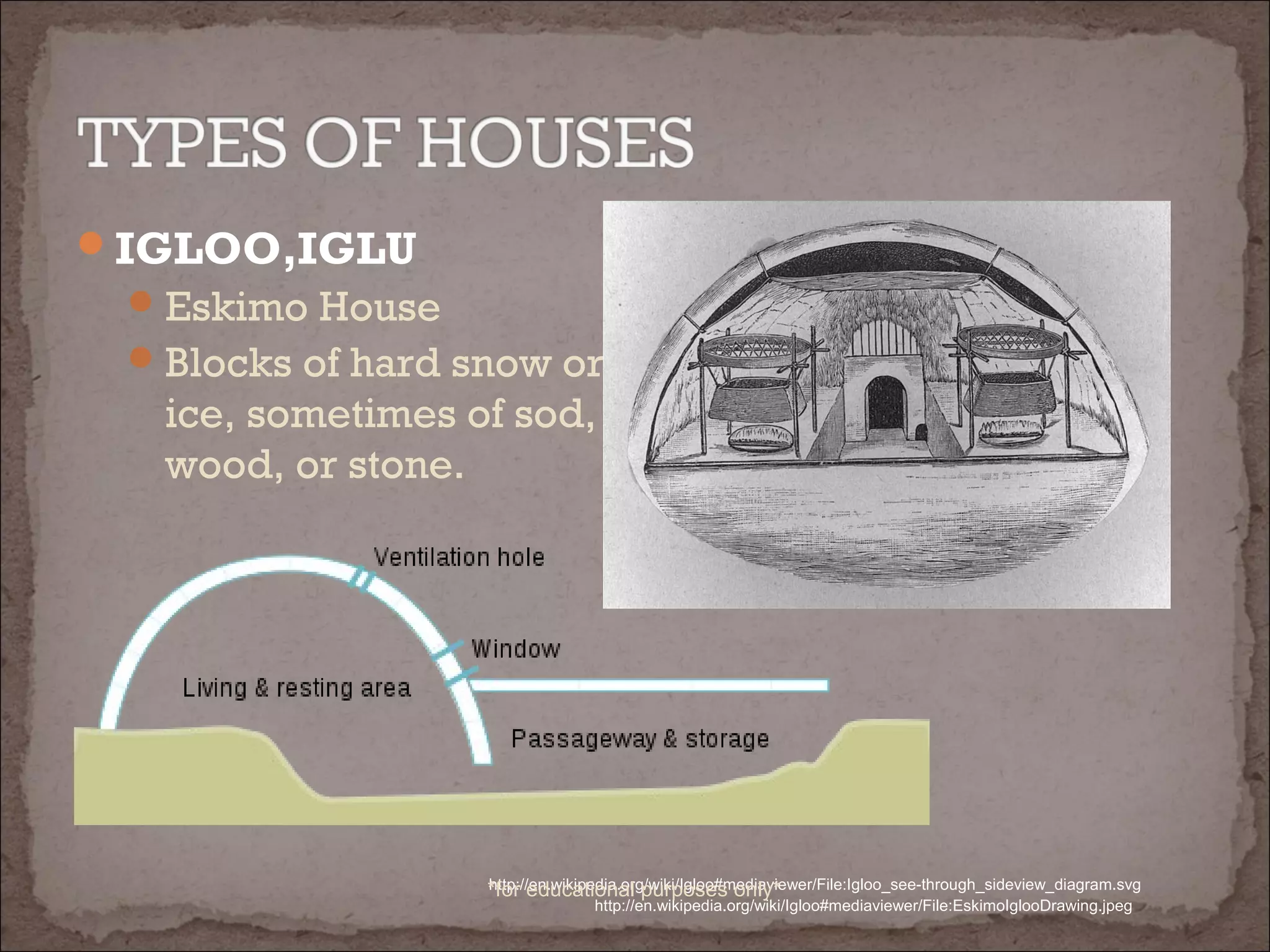 IGLOO,IGLU
Eskimo House
Blocks of hard snow or
ice, sometimes of sod,
wood, or stone.
http://en.wikipedia.org/wiki/Igloo#mediaviewer/File:EskimoIglooDrawing.jpeg
http://en.wikipedia.org/wiki/Igloo#mediaviewer/File:Igloo_see-through_sideview_diagram.svg*for educational purposes only*
 