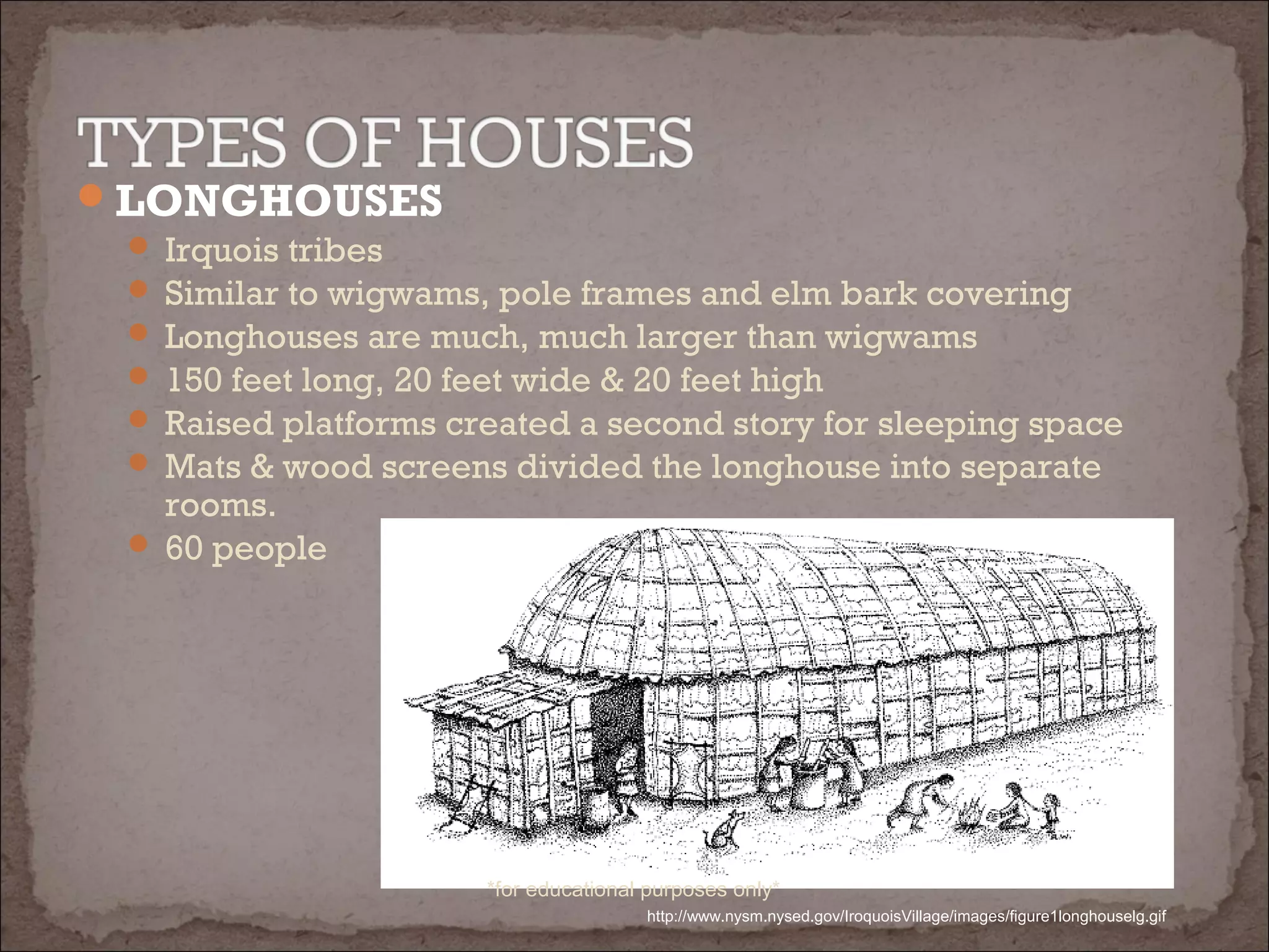 LONGHOUSES
 Irquois tribes
 Similar to wigwams, pole frames and elm bark covering
 Longhouses are much, much larger than wigwams
 150 feet long, 20 feet wide & 20 feet high
 Raised platforms created a second story for sleeping space
 Mats & wood screens divided the longhouse into separate
rooms.
 60 people
http://www.nysm.nysed.gov/IroquoisVillage/images/figure1longhouselg.gif
*for educational purposes only*
 