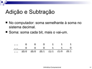 Adição e Subtração No computador: soma semelhante à soma no sistema decimal. Soma: soma cada bit, mais o vai-um. 