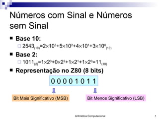 Números com Sinal e Números sem Sinal Base 10: 2543 (10) =2  10 3 +5  10 2 +4  10 1 +3  10 0 (10) Base 2: 1011 (2) =1  2 3 +0  2 2 +1  2 1 +1  2 0 =11 (10) Representação no Z80 (8 bits) 0 0 0 0 1 0 1 1 Bit Menos Significativo (LSB) Bit Mais Significativo (MSB) 