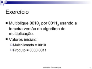 Exercício Multiplique 0010 2  por 0011 2  usando a terceira versão do algoritmo de multiplicação. Valores iniciais: Multiplicando = 0010 Produto = 0000 0011 