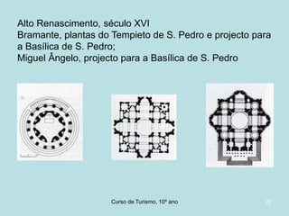Alto Renascimento, século XVI
Bramante, plantas do Tempieto de S. Pedro e projecto para
a Basílica de S. Pedro;
Miguel Ângelo, projecto para a Basílica de S. Pedro

Curso de Turismo, HCA, Módulo 5

22

 
