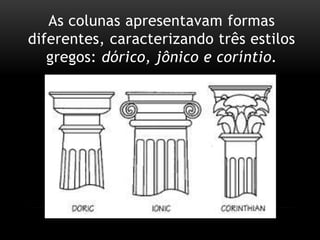 As colunas apresentavam formas diferentes, caracterizando três estilos gregos: dórico, jônico e coríntio.