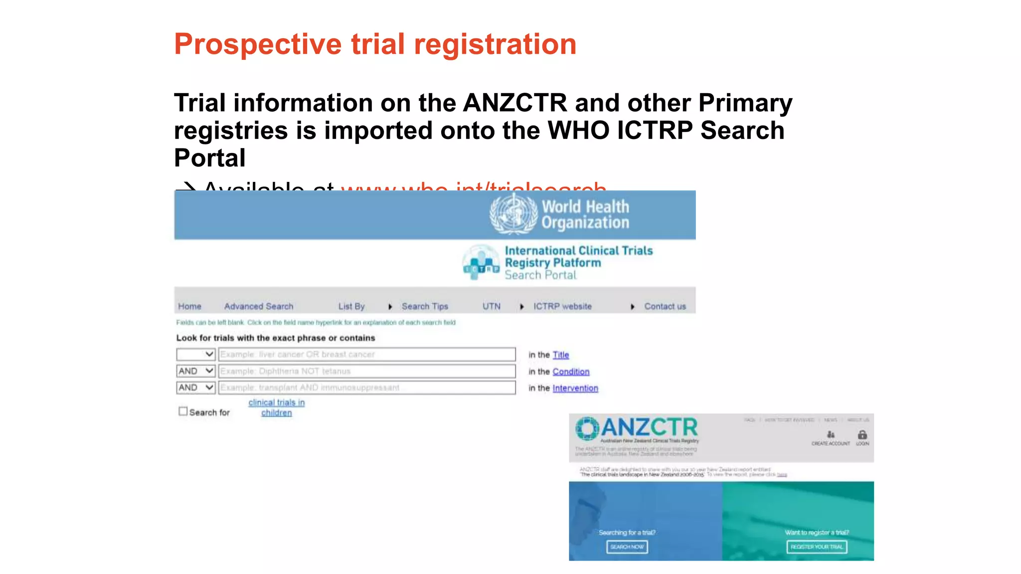 The University of Sydney Page 12
Prospective trial registration
Trial information on the ANZCTR and other Primary
registries is imported onto the WHO ICTRP Search
Portal
Available at www.who.int/trialsearch
 