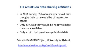 UK results on data sharing attitudes
• In 2011 survey, 85% of researchers said they
thought their data would be of interest to
others
• Only 41% said they would be happy to make
their data available
• Only a third had previously published data
Source: DaMaRO Project, University of Oxford
http://www.slideshare.net/DigCurv/15-meriel-patrick
 