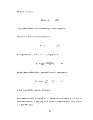 35
De donde resolviendo:
2 = (3.8)
Aquí es la corriente encerrada por la trayectoria de integración.
Si suponemos distribución uniforme tenemos:
= (3.9)
Sustituyendo la Ec. (3.9) en la Ec. (3.8) y despejando :
= 				( ) (3.10)
De aquí la densidad de flujo a x metros del centro del conductor será:
= = 								( ) (3.11)
Es la permeabilidad magnética del material.
En el elemento anular de espesor dx, el flujo es ∅ = , donde A es el área del
elemento diferencia = ∗ 	 , y como la longitud axial es 1 metro, entonces
= y ∅ =
 