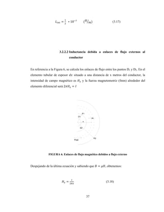 37
= 		∗ 10 									( ) (3.17)
3.2.2.2 Inductancia debida a enlaces de flujo externos al
conductor
En referencia a la Figura 6, se calcula los enlaces de flujo entre los puntos D1 y D2. En el
elemento tubular de espesor situado a una distancia de x metros del conductor, la
intensidad de campo magnético es y la fuerza magnetomotriz (fmm) alrededor del
elemento diferencial será 2 =
FIGURA 6. Enlaces de flujo magnético debidos a flujo externo
Despejando de la última ecuación y sabiendo que = , obtenemos:
= (3.18)
 