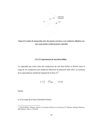 43
Figura 8. Camino de integración entre dos puntos exteriores a un conductor cilíndrico con
una carga positiva uniformemente repartida
3.2.3.2 Capacitancia de una línea bifilar
La capacidad que existe entre dos conductores de una línea bifilar se definió como la
carga de los conductores por unidad de diferencia de potencial entre ellos. La ecuación
de la capacidad por unidad de longitud de la línea es23
:
= 							( ) (3.32)
Donde:
: Es la carga de la línea (culombios*metro).
23
STEVENSON. William, Análisis de Sistemas Eléctricos de Potencia-2da
Edición, Editorial McGraw-
Hill, México, 1985, p. 67-68-69.
 