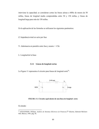 49
interviene la capacidad, se consideran cortas las líneas aéreas a 60Hz de menos de 50
millas, líneas de longitud media comprendidas entre 50 y 150 millas, y líneas de
longitud larga para más de 150 millas.
En la aplicación de las formulas se utilizaran los siguientes parámetros:
Z: Impedancia total en serie por fase
Y: Admitancia en paralelo entre fase y neutro = 1/Xc
L: Longitud de la línea
3.3.1 Líneas de longitud cortas
La Figura 11 representa el circuito para líneas de longitud corta24
:
FIGURA 11. Circuito equivalente de una línea de longitud corta
En donde:
24
STEVENSON. William, Análisis de Sistemas Eléctricos de Potencia-2da
Edición, Editorial McGraw-
Hill, México, 1985, pág. 86.
 