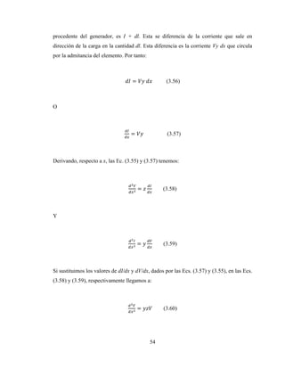 54
procedente del generador, es I + dl. Esta se diferencia de la corriente que sale en
dirección de la carga en la cantidad dl. Esta diferencia es la corriente Vy dx que circula
por la admitancia del elemento. Por tanto:
= 	 (3.56)
O
= (3.57)
Derivando, respecto a x, las Ec. (3.55) y (3.57) tenemos:
= (3.58)
Y
= (3.59)
Si sustituimos los valores de dI/dx y dV/dx, dados por las Ecs. (3.57) y (3.55), en las Ecs.
(3.58) y (3.59), respectivamente llegamos a:
= (3.60)
 