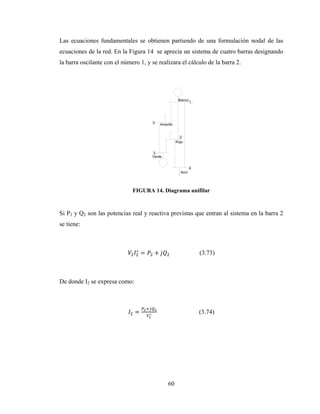60
Las ecuaciones fundamentales se obtienen partiendo de una formulación nodal de las
ecuaciones de la red. En la Figura 14 se aprecia un sistema de cuatro barras designando
la barra oscilante con el número 1, y se realizara el cálculo de la barra 2.
FIGURA 14. Diagrama unifilar
Si P2 y Q2 son las potencias real y reactiva previstas que entran al sistema en la barra 2
se tiene:
∗
= + (3.73)
De donde I2 se expresa como:
= ∗ (3.74)
 