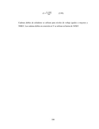 100
= (3.99)
Cadenas dobles de aisladores se utilizan para niveles de voltaje iguales o mayores a
500KV. Las cadenas dobles en conexión en V se utilizan en barras de 345KV
 