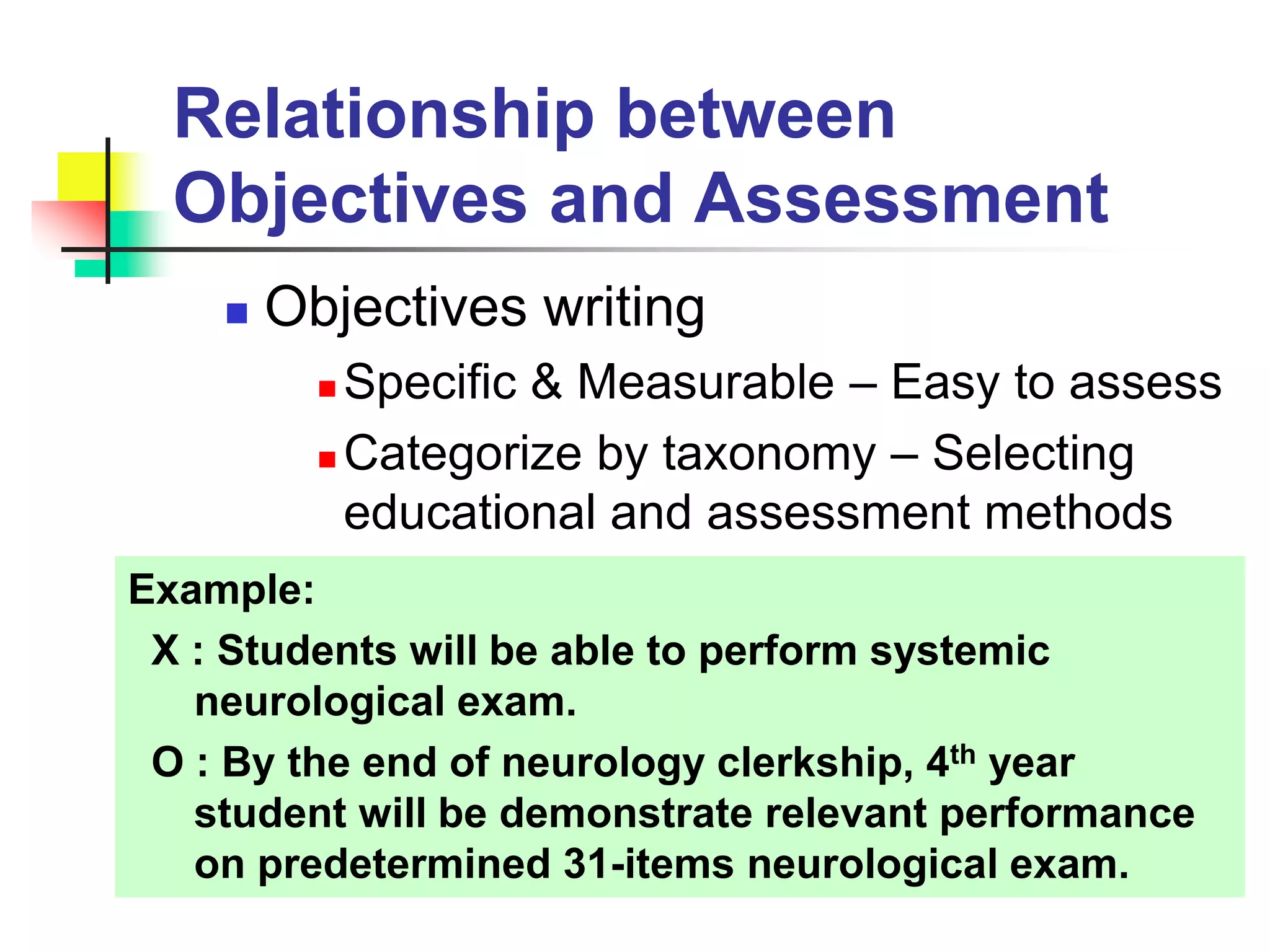Relationship between
Objectives and Assessment
 Objectives writing
 Specific & Measurable – Easy to assess
 Categorize by taxonomy – Selecting
educational and assessment methods
Example:
X : Students will be able to perform systemic
neurological exam.
O : By the end of neurology clerkship, 4th year
student will be demonstrate relevant performance
on predetermined 31-items neurological exam.
 