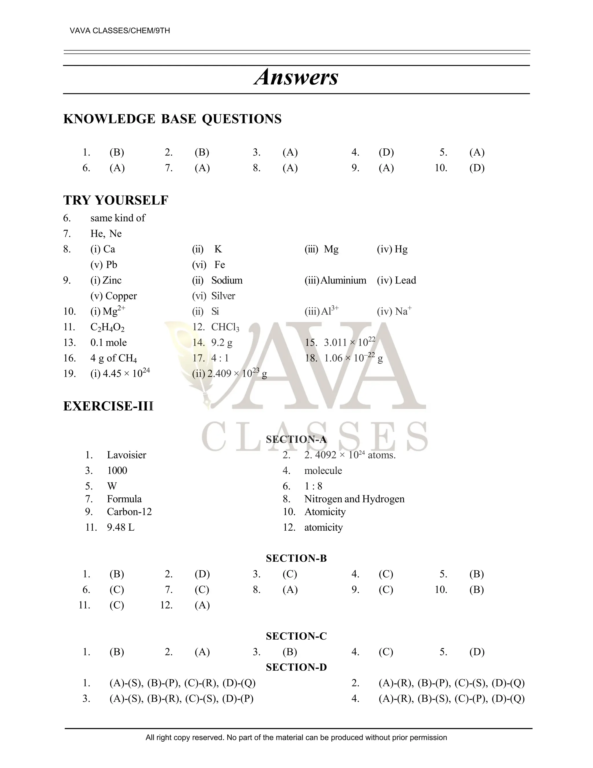Answers
KNOWLEDGE BASE QUESTIONS
1. (B) 2. (B) 3. (A) 4. (D) 5. (A)
6. (A) 7. (A) 8. (A) 9. (A) 10. (D)
TRY YOURSELF
6. same kind of
7. He, Ne
8. (i) Ca (ii) K (iii) Mg (iv) Hg
(v) Pb (vi) Fe
9. (i) Zinc (ii) Sodium (iii)Aluminium (iv) Lead
(v) Copper (vi) Silver
10. (i) Mg2+
(ii) Si (iii)Al3+
(iv) Na+
11. C2H4O2 12. CHCl3
13. 0.1 mole 14. 9.2 g 15. 3.011 × 1022
16. 4 g of CH4 17. 4 : 1 18. 1.06 × 10–22
g
19. (i) 4.45 × 1024
(ii) 2.409 × 1023
g
EXERCISE-III
SECTION-A
1. Lavoisier 2. 2. 4092 × 1024
atoms.
3. 1000 4. molecule
5. W 6. 1 : 8
7. Formula 8. Nitrogen and Hydrogen
9. Carbon-12 10. Atomicity
11. 9.48 L 12. atomicity
SECTION-B
1. (B) 2. (D) 3. (C) 4. (C) 5. (B)
6. (C) 7. (C) 8. (A) 9. (C) 10. (B)
11. (C) 12. (A)
SECTION-C
1. (B) 2. (A) 3. (B) 4. (C) 5. (D)
SECTION-D
1. (A)-(S), (B)-(P), (C)-(R), (D)-(Q) 2. (A)-(R), (B)-(P), (C)-(S), (D)-(Q)
3. (A)-(S), (B)-(R), (C)-(S), (D)-(P) 4. (A)-(R), (B)-(S), (C)-(P), (D)-(Q)
VAVA CLASSES/CHEM/9TH
All right copy reserved. No part of the material can be produced without prior permission
 