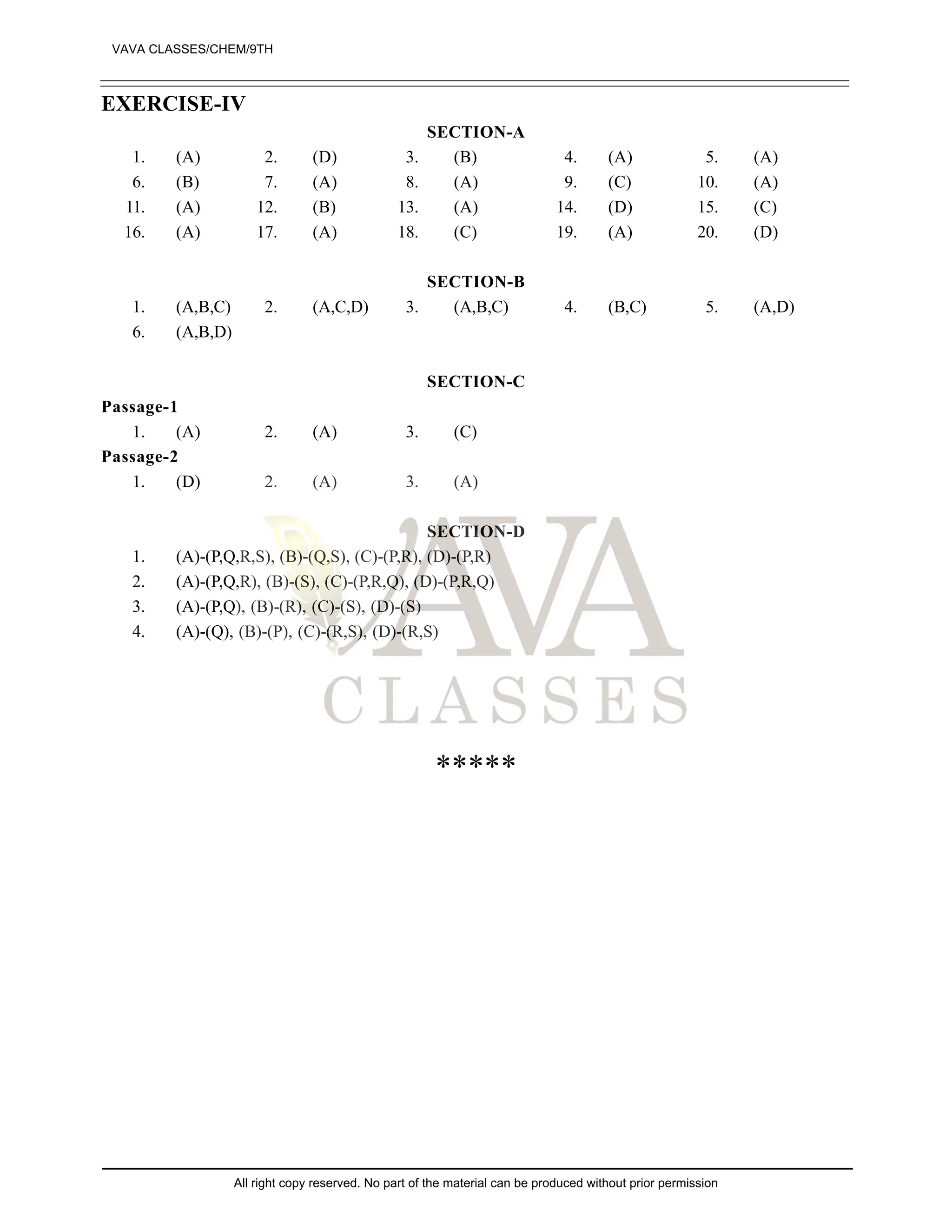 EXERCISE-IV
SECTION-A
1. (A) 2. (D) 3. (B) 4. (A) 5. (A)
6. (B) 7. (A) 8. (A) 9. (C) 10. (A)
11. (A) 12. (B) 13. (A) 14. (D) 15. (C)
16. (A) 17. (A) 18. (C) 19. (A) 20. (D)
SECTION-B
1. (A,B,C) 2. (A,C,D) 3. (A,B,C) 4. (B,C) 5. (A,D)
6. (A,B,D)
SECTION-C
Passage-1
1. (A) 2. (A) 3. (C)
Passage-2
1. (D) 2. (A) 3. (A)
SECTION-D
1. (A)-(P,Q,R,S), (B)-(Q,S), (C)-(P,R), (D)-(P,R)
2. (A)-(P,Q,R), (B)-(S), (C)-(P,R,Q), (D)-(P,R,Q)
3. (A)-(P,Q), (B)-(R), (C)-(S), (D)-(S)
4. (A)-(Q), (B)-(P), (C)-(R,S), (D)-(R,S)
*****
VAVA CLASSES/CHEM/9TH
All right copy reserved. No part of the material can be produced without prior permission
 