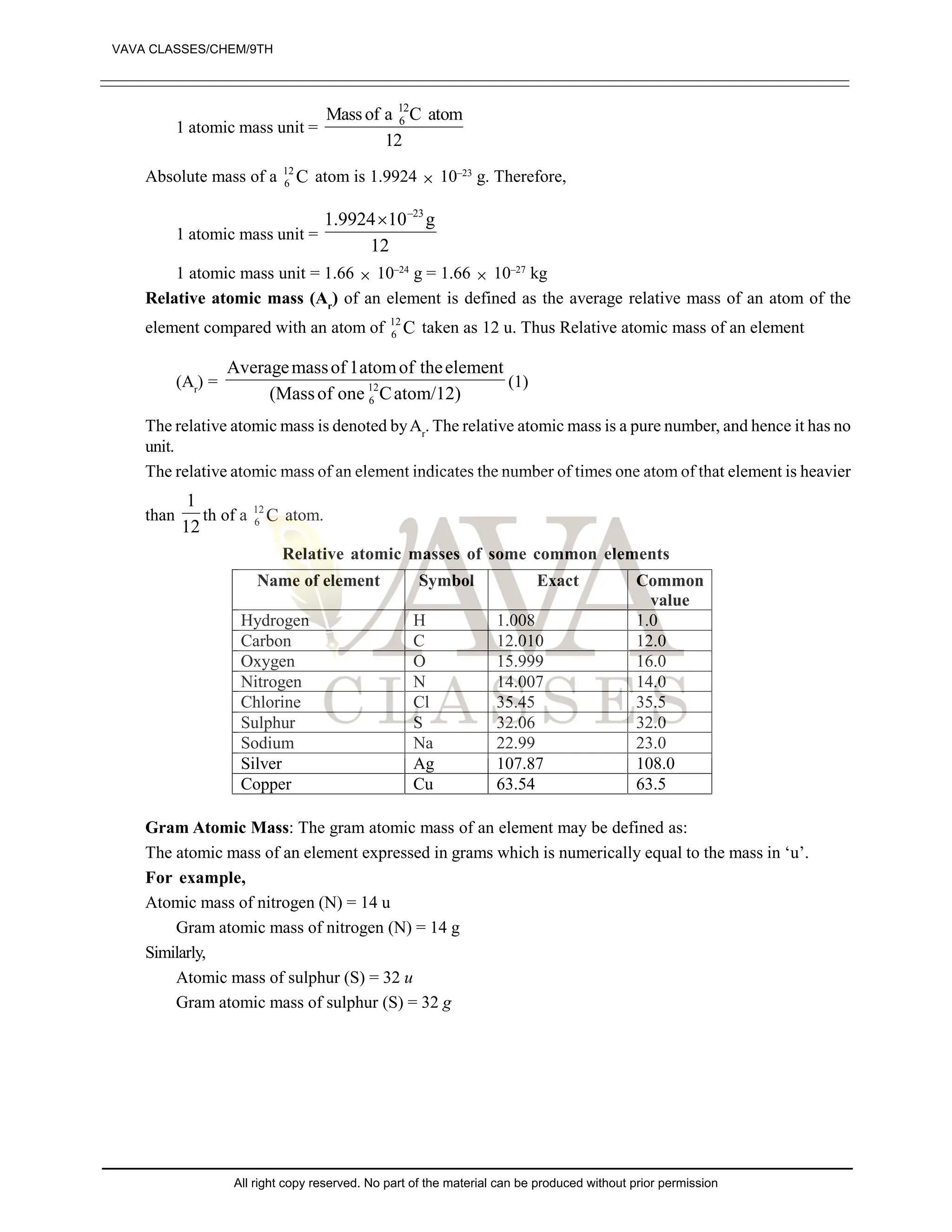 1 atomic mass unit =
12
6
Massof a C atom
12
Absolute mass of a C
12
6 atom is 1.9924  10–23
g. Therefore,
1 atomic mass unit =
12
g
10
1.9924 –23

1 atomic mass unit = 1.66  10–24
g = 1.66  10–27
kg
Relative atomic mass (Ar
) of an element is defined as the average relative mass of an atom of the
element compared with an atom of C
12
6 taken as 12 u. Thus Relative atomic mass of an element
(Ar
) =
atom/12)
C
one
of
(Mass
element
the
of
atom
1
of
mass
Average
12
6
(1)
The relative atomic mass is denoted byAr
. The relative atomic mass is a pure number, and hence it has no
unit.
The relative atomic mass of an element indicates the number of times one atom of that element is heavier
than
12
1
th of a C
12
6 atom.
Relative atomic masses of some common elements
Name of element Symbol Exact Common
value
Hydrogen H 1.008 1.0
Carbon C 12.010 12.0
Oxygen O 15.999 16.0
Nitrogen N 14.007 14.0
Chlorine Cl 35.45 35.5
Sulphur S 32.06 32.0
Sodium Na 22.99 23.0
Silver Ag 107.87 108.0
Copper Cu 63.54 63.5
Gram Atomic Mass: The gram atomic mass of an element may be defined as:
The atomic mass of an element expressed in grams which is numerically equal to the mass in ‘u’.
For example,
Atomic mass of nitrogen (N) = 14 u
Gram atomic mass of nitrogen (N) = 14 g
Similarly,
Atomic mass of sulphur (S) = 32 u
Gram atomic mass of sulphur (S) = 32 g
VAVA CLASSES/CHEM/9TH
All right copy reserved. No part of the material can be produced without prior permission
 