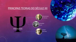 PRINCIPAIS TEORIAS DO SÉCULO XX
PSICOLOGIA
Behaviorismo
B.F Skinner
Psicanálise
Freud
Gestalt
Fritz Perls
 