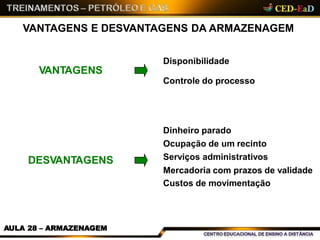 VANTAGENS E DESVANTAGENS DA ARMAZENAGEM
VANTAGENS
Disponibilidade
Controle do processo
DESVANTAGENS
Dinheiro parado
Ocupação de um recinto
Serviços administrativos
Mercadoria com prazos de validade
Custos de movimentação
AULA 28 – ARMAZENAGEM
 