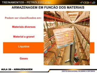 ARMAZENAGEM EM FUNCÃO DOS MATERIAIS
AULA 28 – ARMAZENAGEM
Podem ser classificados em:
Materiais diversos
Material a granel
Líquidos
Gases
 