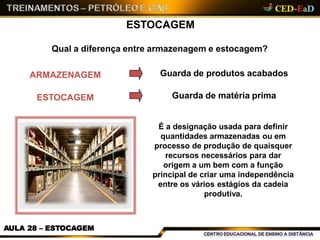 ESTOCAGEM
Qual a diferença entre armazenagem e estocagem?
É a designação usada para definir
quantidades armazenadas ou em
processo de produção de quaisquer
recursos necessários para dar
origem a um bem com a função
principal de criar uma independência
entre os vários estágios da cadeia
produtiva.
ARMAZENAGEM
ESTOCAGEM
Guarda de produtos acabados
Guarda de matéria prima
AULA 28 – ESTOCAGEM
 