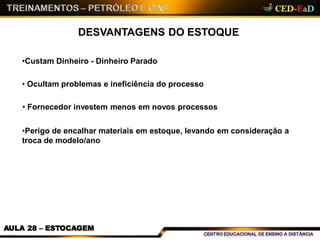 DESVANTAGENS DO ESTOQUE
AULA 28 – ESTOCAGEM
•Custam Dinheiro - Dinheiro Parado
• Ocultam problemas e ineficiência do processo
• Fornecedor investem menos em novos processos
•Perigo de encalhar materiais em estoque, levando em consideração a
troca de modelo/ano
 