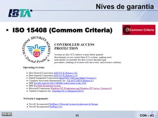 Níves de garantia


 ISO 15408 (Commom Criteria)




                  45                CON – A3
 