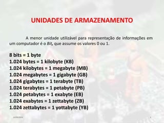 10/09/2016 3
UNIDADES DE ARMAZENAMENTO
A menor unidade utilizável para representação de informações em
um computador é o Bit, que assume os valores 0 ou 1.
8 bits = 1 byte
1.024 bytes = 1 kilobyte (KB)
1.024 kilobytes = 1 megabyte (MB)
1.024 megabytes = 1 gigabyte (GB)
1.024 gigabytes = 1 terabyte (TB)
1.024 terabytes = 1 petabyte (PB)
1.024 petabytes = 1 exabyte (EB)
1.024 exabytes = 1 zettabyte (ZB)
1.024 zettabytes = 1 yottabyte (YB)
 