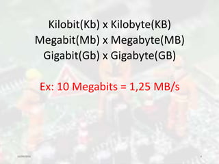Kilobit(Kb) x Kilobyte(KB)
Megabit(Mb) x Megabyte(MB)
Gigabit(Gb) x Gigabyte(GB)
Ex: 10 Megabits = 1,25 MB/s
10/09/2016 4
 