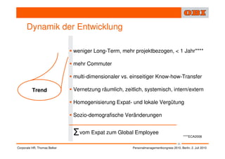 Dynamik der Entwicklung

                              weniger Long-Term, mehr projektbezogen, < 1 Jahr****

                              mehr Commuter

                              multi-dimensionaler vs. einseitiger Know-how-Transfer

          Trend               Vernetzung räumlich, zeitlich, systemisch, intern/extern

                              Homogenisierung Expat- und lokale Vergütung

                              Sozio-demografische Veränderungen


                              Σ vom Expat zum Global Employee                               ****ECA2008

                                                                                       11
Corporate HR, Thomas Belker                            Personalmanagementkongress 2010, Berlin, 2. Juli 2010
 