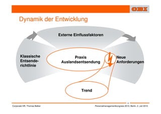 Dynamik der Entwicklung

                              Externe Einflussfaktoren




       Klassische                    Praxis                            Neue
       Entsende-               Auslandsentsendung                      Anforderungen
       richtlinie




                                          Trend


                                                                                  4
Corporate HR, Thomas Belker                       Personalmanagementkongress 2010, Berlin, 2. Juli 2010
 