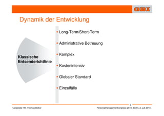 Dynamik der Entwicklung
                              Long-Term/Short-Term

                              Administrative Betreuung

                              Komplex
     Klassische
     Entsenderichtlinie
                              Kostenintensiv

                              Globaler Standard

                              Einzelfälle



                                                                                  5
Corporate HR, Thomas Belker                       Personalmanagementkongress 2010, Berlin, 2. Juli 2010
 