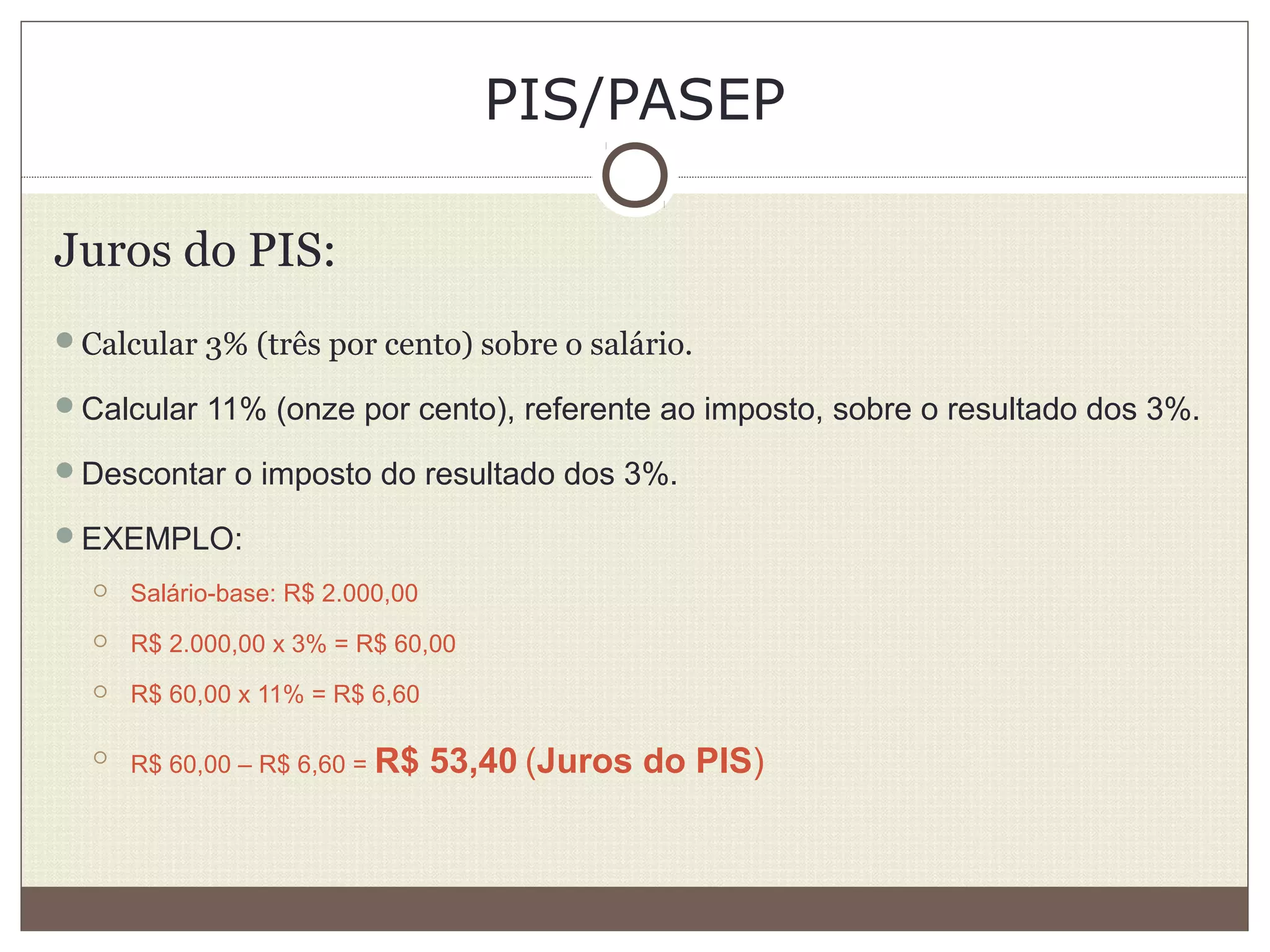 PIS/PASEP
Juros do PIS:
Calcular 3% (três por cento) sobre o salário.
Calcular 11% (onze por cento), referente ao imposto, sobre o resultado dos 3%.
Descontar o imposto do resultado dos 3%.
EXEMPLO:
 Salário-base: R$ 2.000,00
 R$ 2.000,00 x 3% = R$ 60,00
 R$ 60,00 x 11% = R$ 6,60

R$ 60,00 – R$ 6,60 = R$ 53,40 (Juros do PIS)
 