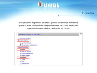 Etiquetas Son pequeños fragmentos de textos, gráficos o elementos multimedia que se pueden colocar en los bloques temáticos del curso.  Sirven para  organizar de manera lógica y jerárquica los cursos. 