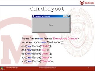 CardLayout
Frame frame=new Frame("Exemplo de Dialogo");
frame.setLayout(new CardLayout());
add(new Button("Norte"));
add(new Button("Sul"));
add(new Button("Leste"));
add(new Button("Oeste"));
add(new Button("Centro"));
Daniel Arndt Alves Gerenciadores de Layout 15
 