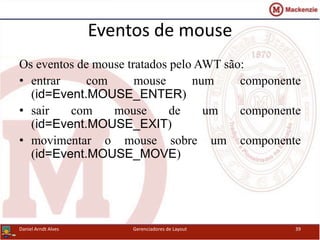 Eventos de mouse
Os eventos de mouse tratados pelo AWT são:
• entrar com mouse num componente
(id=Event.MOUSE_ENTER)
• sair com mouse de um componente
(id=Event.MOUSE_EXIT)
• movimentar o mouse sobre um componente
(id=Event.MOUSE_MOVE)
Daniel Arndt Alves Gerenciadores de Layout 39
 