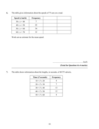 6.   The table gives information about the speeds of 75 cars on a road.

        Speed (s km/h)        Frequency
          30   s < 40              7
          40   s < 50              22
          50   s < 60              34
          60   s < 70              12

     Work out an estimate for the mean speed.




                                                          .............................................................. km/h
                                                                        (Total for Question 6 is 4 marks)


7.   The table shows information about the lengths, in seconds, of 40 TV adverts.

                                Time (T seconds)         Frequency
                                   10 < T    20                4
                                   20 < T    30                7
                                   30 < T    40               13
                                   40 < T    50               12
                                   50 < T    60                4




                                                    10
 