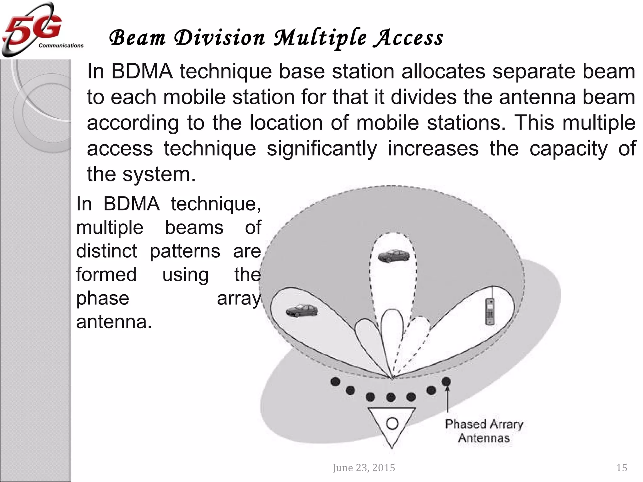 June 23, 2015 15
Beam Division Multiple Access
In BDMA technique base station allocates separate beam
to each mobile station for that it divides the antenna beam
according to the location of mobile stations. This multiple
access technique significantly increases the capacity of
the system.
In BDMA technique,
multiple beams of
distinct patterns are
formed using the
phase array
antenna.
 