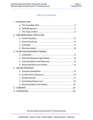  
Deaf   Hand   @   Work   (DHW),   Planning   for   Growth                            Page   1 
Sonoma   State   University   Cohort   7   Consulting   Group October   2016 
__________________________________________________________________________  
 
TABLE   OF   CONTENTS 
 
1. INTRODUCTION 
a. The   Consulting   Team………………………………………………….2  
b. DHW   Background……………………………………………………...2  
c. The   Scope   of   Work…………………………………………………….4 
2. ORGANIZATIONAL   STRUCTURE 
a. Current   Structure………………………………………………………6  
b. Social   Franchising……………………………………………………..9 
c. Subsidiary……………………………………………………………....9  
d. Recommendation……………………………………………………..10  
3. PLANT   AND   EQUIPMENT   FINANCE 
a. Justification…………………………………………………………….11 
b. Plant   and   Equipment   Specification………………………………….12  
c. Financing   Options   and   Resources……………………...…………..13  
d. Recommendation   and   Timeline……………………………………..14  
4. ONLINE   PRESENCE 
a. Customer   Identification………………………………………..   …….15  
b. Current   Online   Experience…………………………………………..16  
c. Growth   Potential……………………………………………………...17 
d. Considering   Amazon.com…………………………………………...19  
e. Recommendation   and   Timeline…………………………………….19  
5. SUMMARY……………………………………………………………………25  
6. APPENDICES………………………………………………………………..26  
 
 
 
 
Sonoma   State   University   Cohort   7   Consulting   Group 
__________________________________________________________________________ 
 
Xochitl   Prado   ·   Shauna   Finley   ·   Nathan   Bately   ·   Michael   Janezic   ·   Brett   Lear 
 