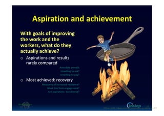 Aspiration and achievement
With goals of improving
the work and the
workers, what do they
actually achieve?
o Aspirations and results
rarely compared
Anecdote prevails
Unwilling to ask?
Unwilling to pay?
o Most achieved: recovery
Measures of increased resilience?
Weak link from engagement?
Are aspirations too diverse?
13
O'Connor (c) 2016 - Engaging workers with maintaining their own wellbeing p13 of 19.
 