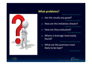 What problems?
Number of early terminations
o Are the results any good?
Sometimes very durable
o How are the initiatives chosen?
Sometimes very personal
o How are they evaluated?
Do it again next year
o Where is leverage most easily
found?
Presenteeism productivity impact
o What are the promises most
likely to be kept?
Small, public ones
17
O'Connor (c) 2016 - Engaging workers with maintaining their own wellbeing p17 of 19.
 