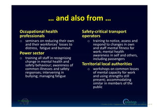 … and also from …
Occupational health
professionals
o seminars on reducing their own
and their workforces’ losses to
distress, fatigue and burnout
Power sector
o training all staff in recognising
change in mental health and
safety behaviour; awareness of
common illnesses and safety
responses; intervening in
bullying; managing fatigue
Safety-critical transport
operators
o training to notice, assess and
respond to changes in own
and staff mental fitness for
work; mental health
awareness in self and others,
including passengers
Territorial local authorities
o workshops on common losses
of mental capacity for work
and using strengths still
present; accommodating
similar in members of the
public
5
O'Connor (c) 2016 - Engaging workers with maintaining their own wellbeing p5 of 19.
 