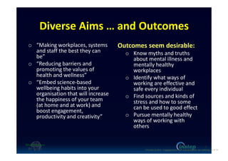Diverse Aims … and Outcomes
o “Making workplaces, systems
and staff the best they can
be”
o “Reducing barriers and
promoting the values of
health and wellness”
o “Embed science-based
wellbeing habits into your
organisation that will increase
the happiness of your team
(at home and at work) and
boost engagement,
productivity and creativity”
Outcomes seem desirable:
o Know myths and truths
about mental illness and
mentally healthy
workplaces
o Identify what ways of
working are effective and
safe every individual
o Find sources and kinds of
stress and how to some
can be used to good effect
o Pursue mentally healthy
ways of working with
others
7
O'Connor (c) 2016 - Engaging workers with maintaining their own wellbeing p7 of 19.
 